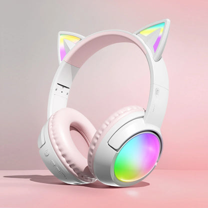 Cute Cat Ear RGB Wireless Headphones, Bluetooth Playtime, Foldable Over-Ear