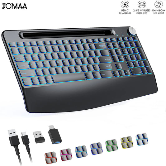Wireless Keyboard with 7 Colored Backlits, Wrist Rest, Phone Holder Keyboard