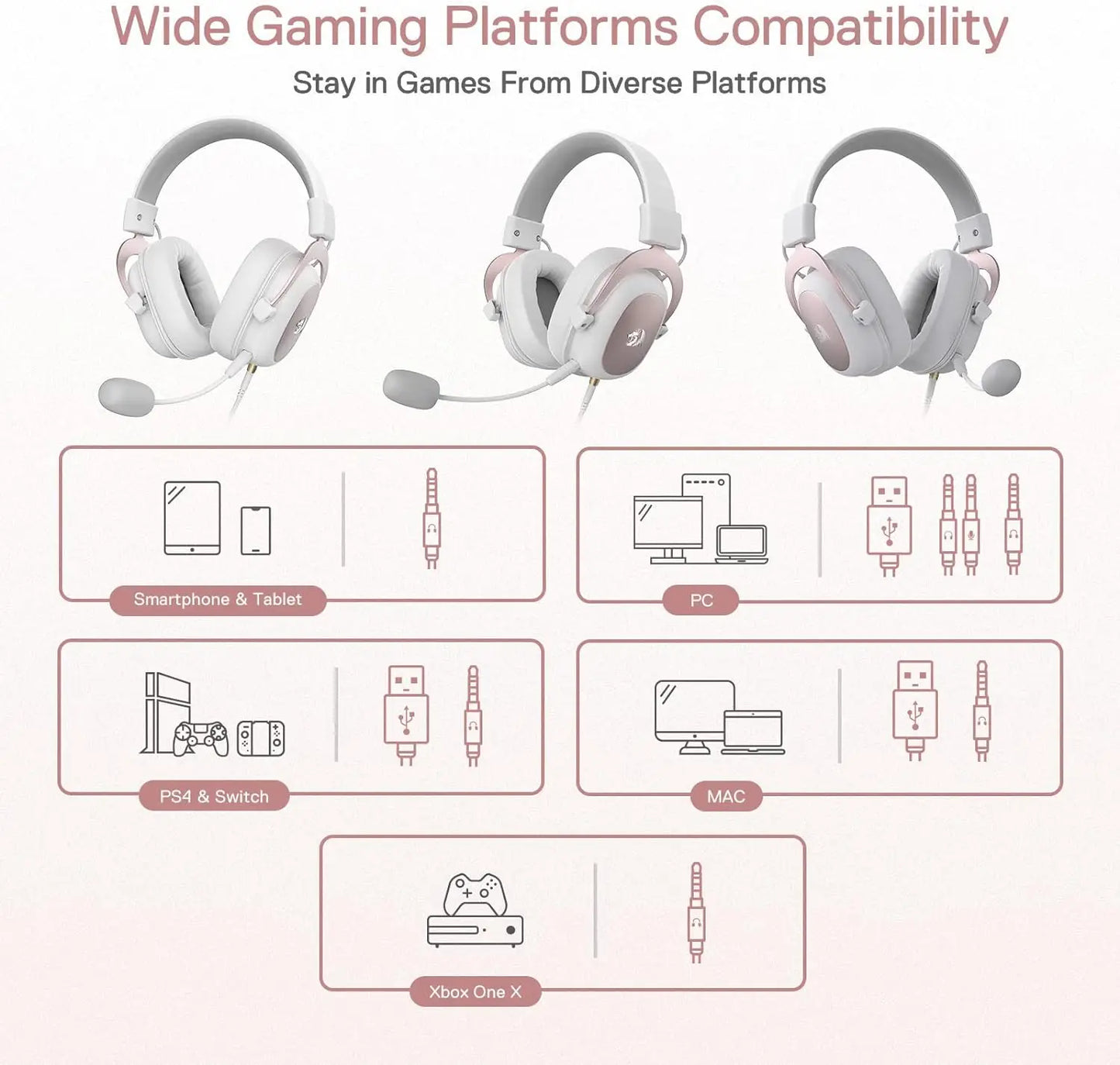 Redragon White Wired Gaming Headset - 7.1 Surround Sound Memory Foam Ear