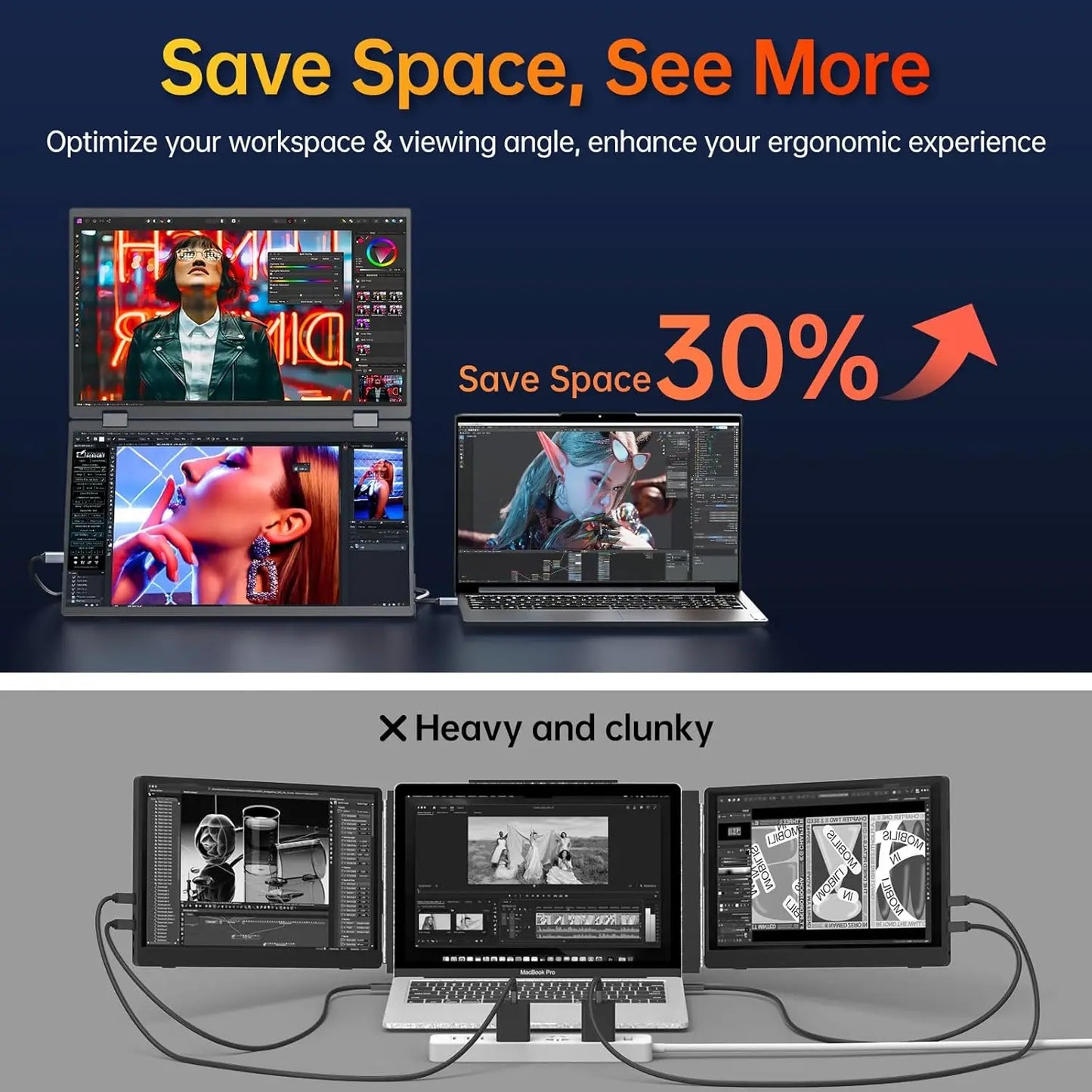 Dual Portable Monitor FHD Laptop Screen Extender Folding Stacked Monitors