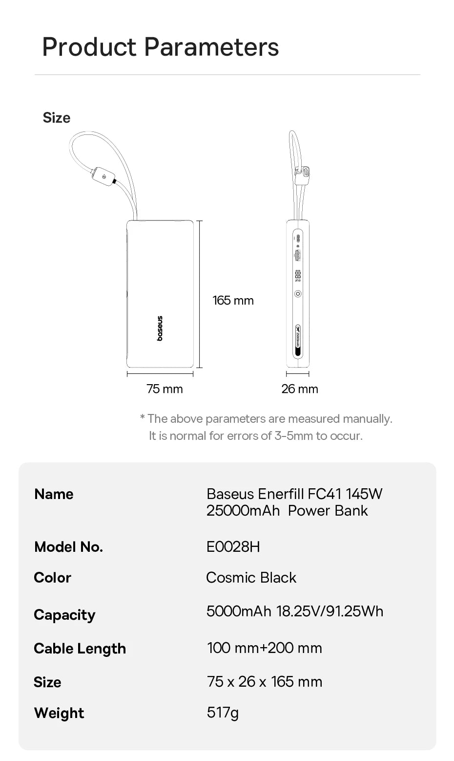 Power Bank Built-In Dual USB-C Cable Fast Charge Digital Display Power Bank