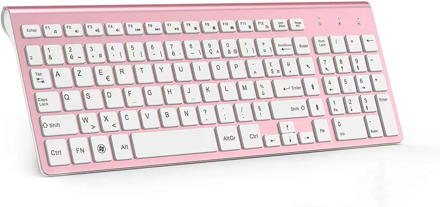 Wireless Keyboard Ergonomic French Keyboard for PC Laptop-Pink/Grey/Silver