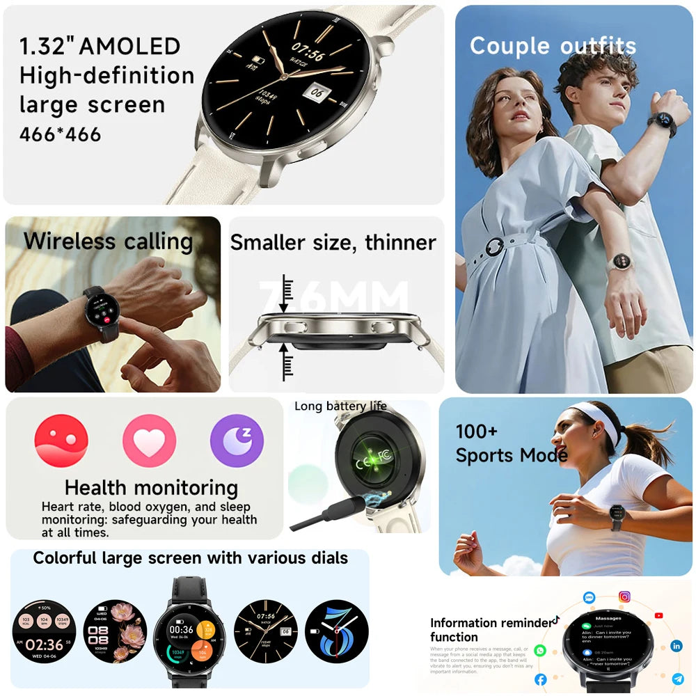 2026New 7.6mm Ultra Thin Women Smartwatch AMOLED Display Bluetooth