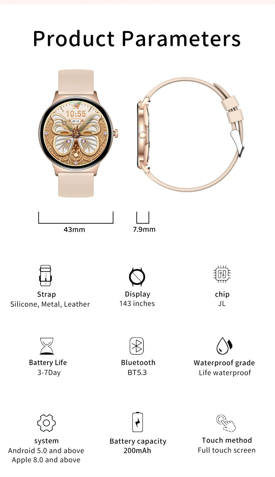 ChiBear Ultra Thin Fashion Smart Watch Women Screen Always Display Time
