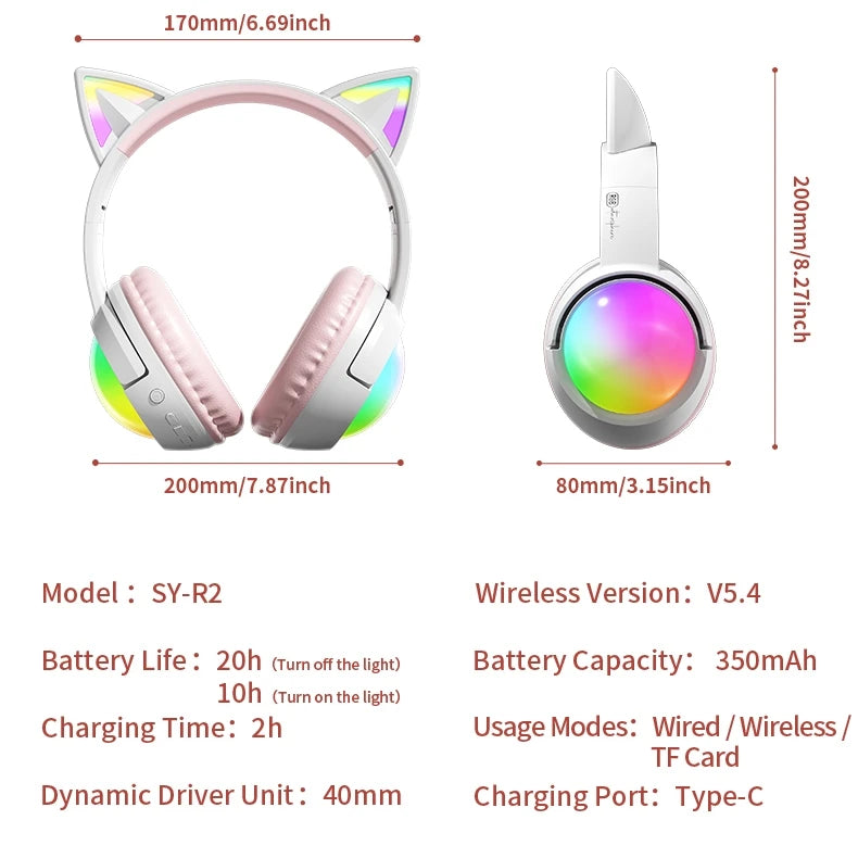Cute Cat Ear RGB Wireless Headphones, Bluetooth Playtime, Foldable Over-Ear