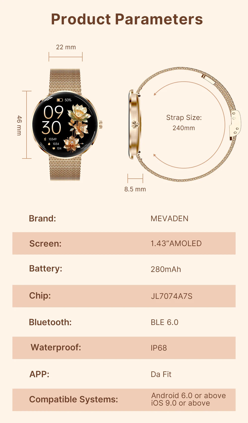 MEVADEN 8.5mm Ultra-thin Luxury Stainless Steel Smart Watch Women
