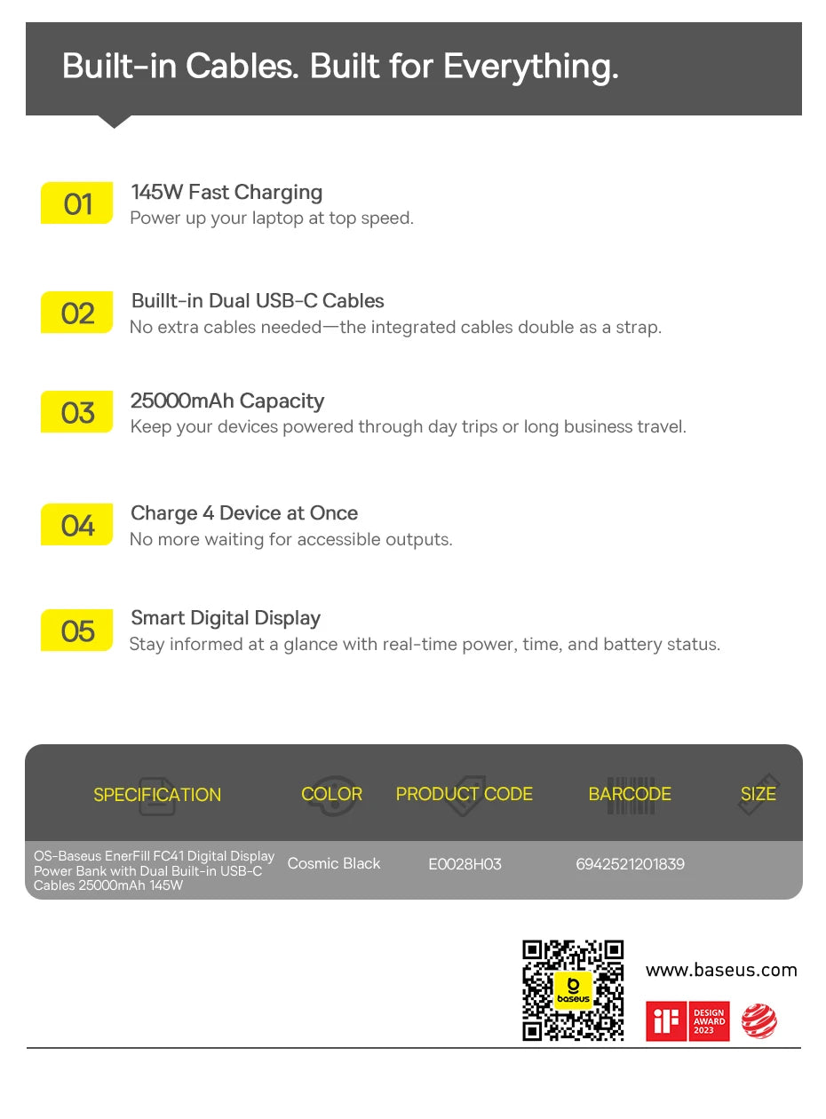 Power Bank Built-In Dual USB-C Cable Fast Charge Digital Display Power Bank