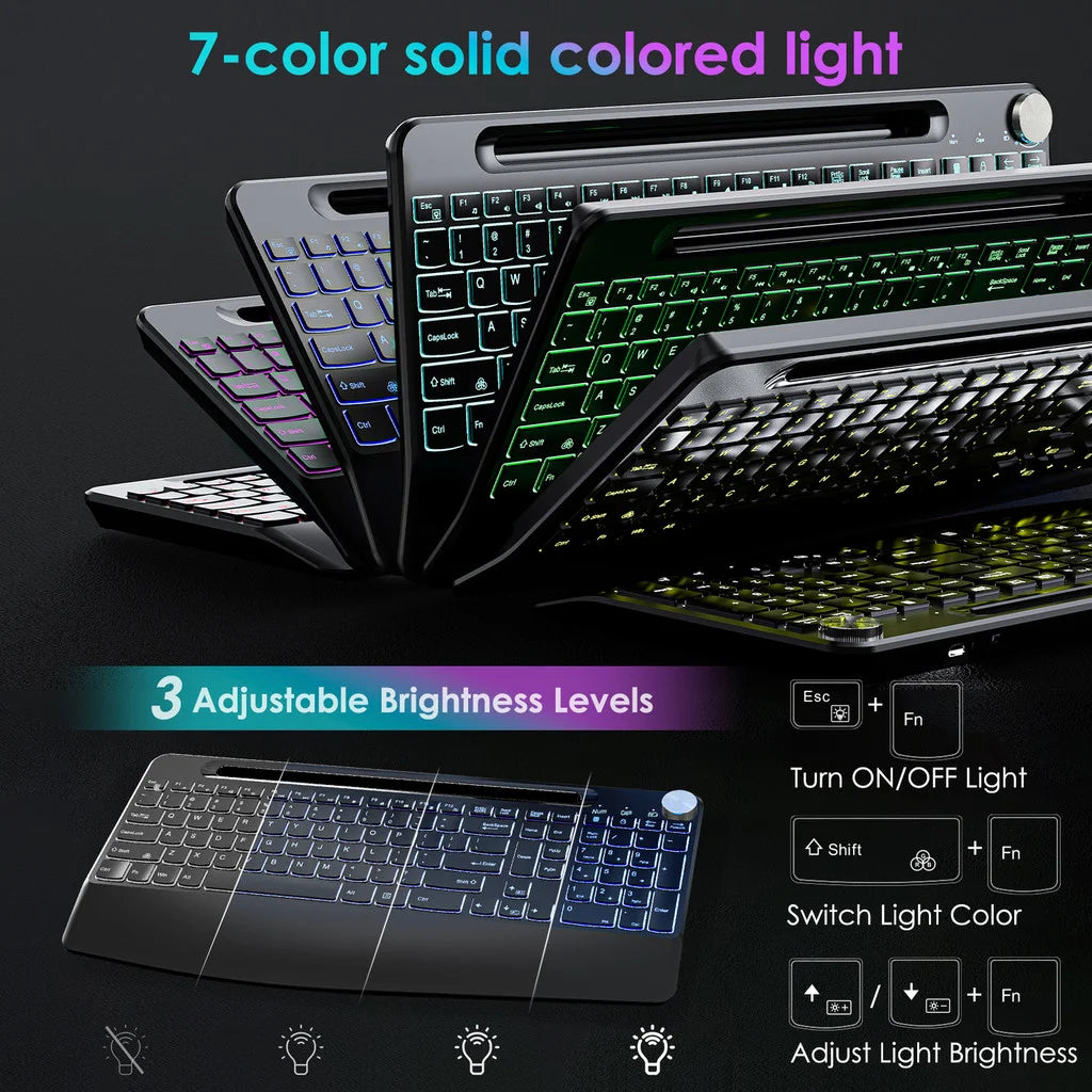 Wireless Keyboard with 7 Colored Backlits, Wrist Rest, Phone Holder Keyboard