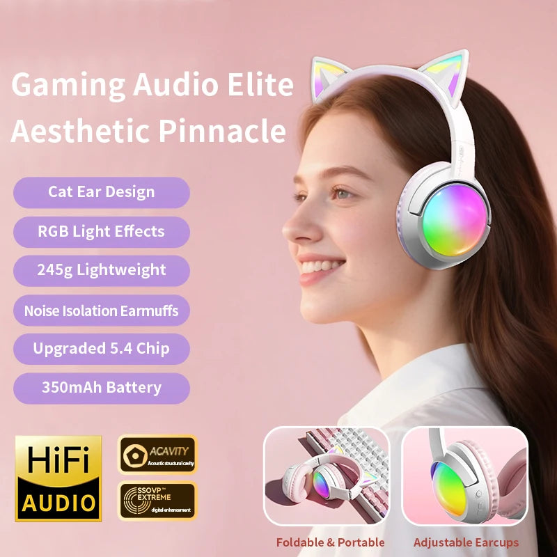 Cute Cat Ear RGB Wireless Headphones, Bluetooth Playtime, Foldable Over-Ear